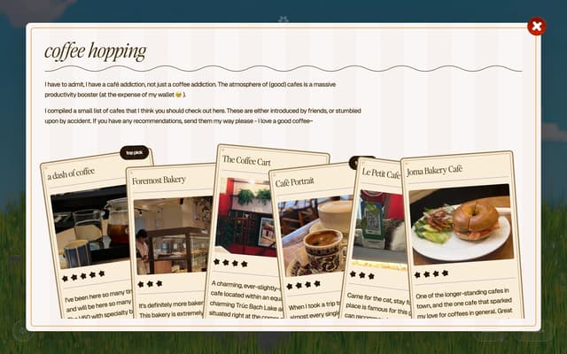 "Coffee Hopping" Card Modal on picnic.katherine-le.com