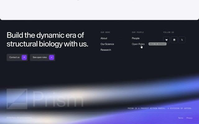 Press-and-hold footer light that bends around the cursor on prismscience.org