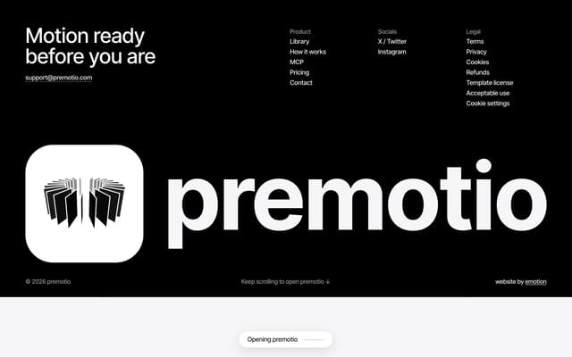 Bold typographic footer with icon logo on premotio.com
