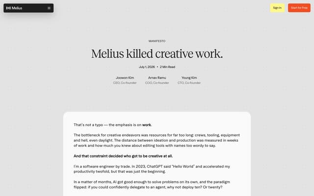 Editorial manifesto with serif headline on dot-grid on melius.com