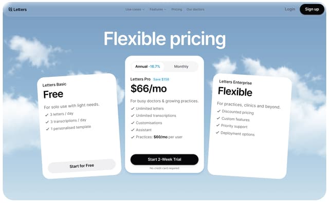 Cloud-Sky Pricing with Elevated Pro Card on letters.app