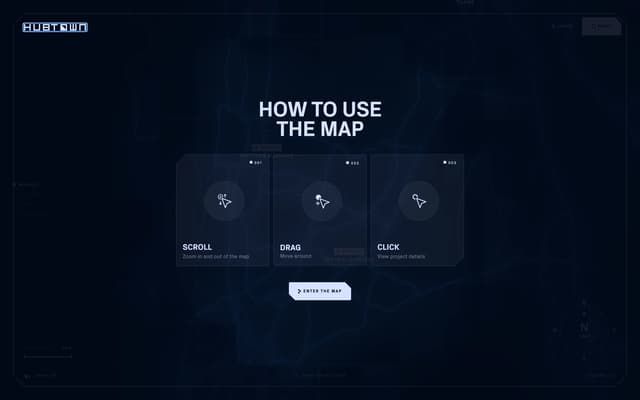 Map Onboarding with Glassmorphism Cards on hubtown.co.in