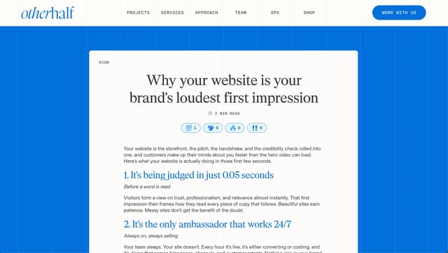 Editorial blog layout with visible vertical grid on otherhalf.studio