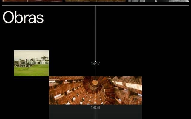 Scroll timeline with a filling spine, unmasking photos and years that light up on eladiodieste.com