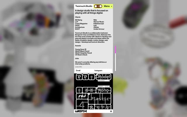 Studio Info in Menu Panel on twomuch.studio