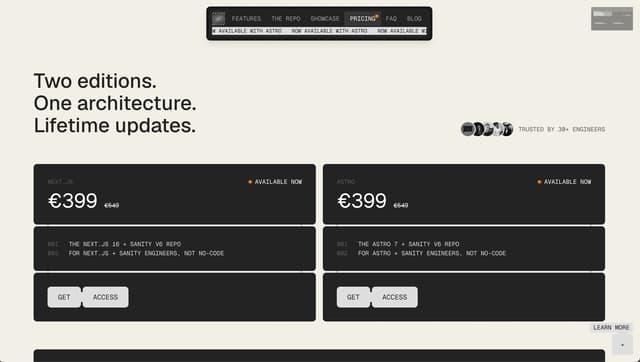 Dual-card pricing with monospace typography and marquee navigation on contentarchitecture.dev