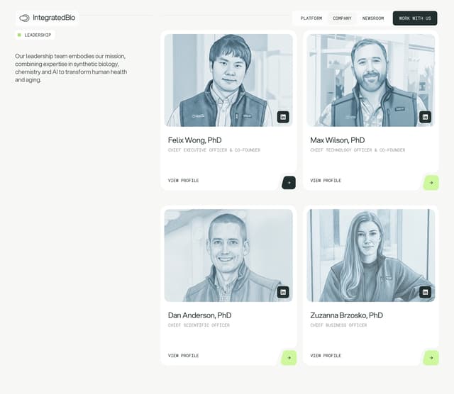 Blue-tinted portrait team grid on integratedbio.com