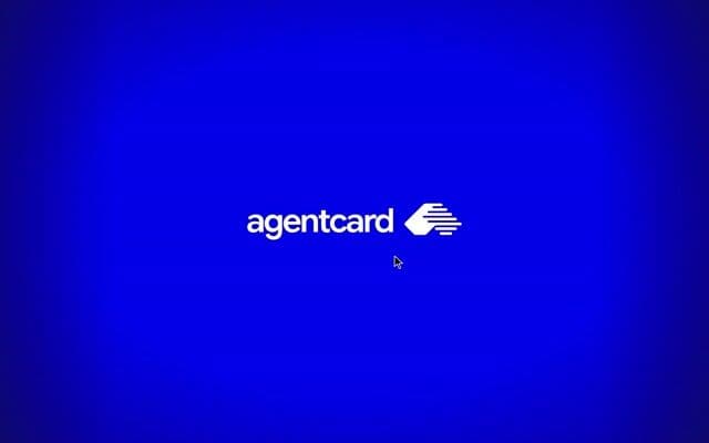 Wordmark trace intro with a pixel iris that closes onto the logo on agentcard.com