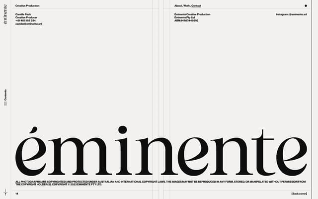 Back Cover Contact Section on eminente.art