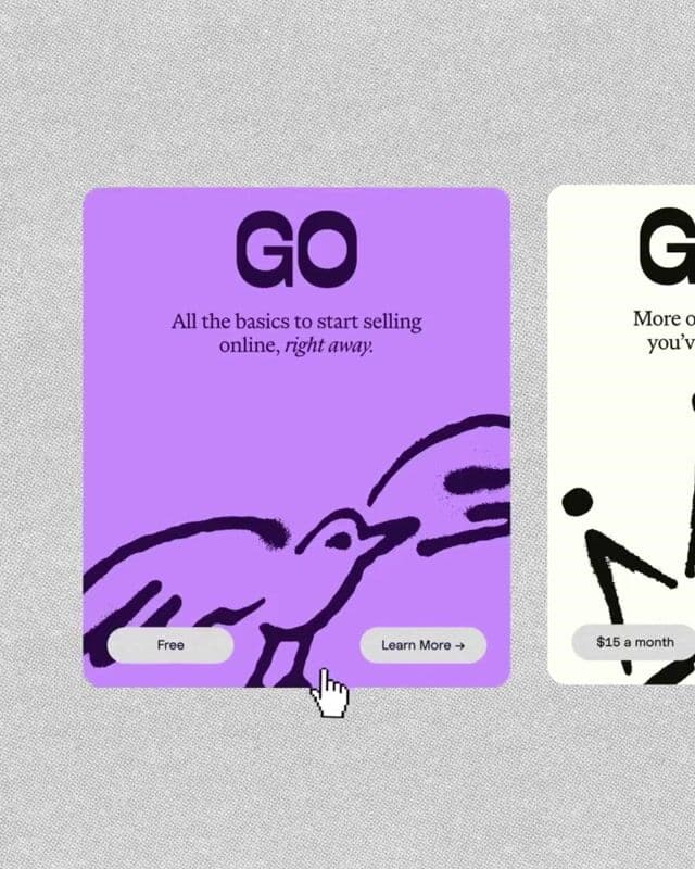 Pricing cards with hand-drawn illustrations and hover color fills on instagram.com