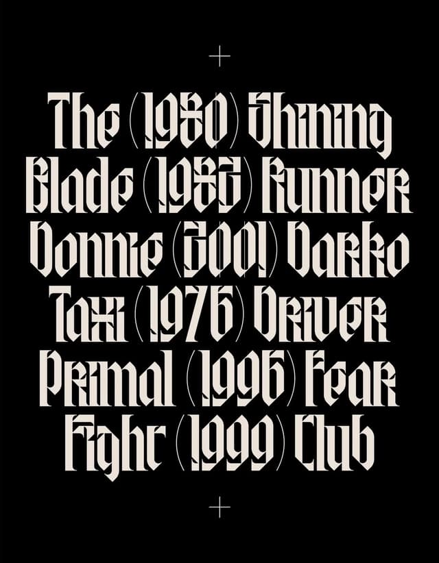 Centered typographic list with experimental blackletter and integrated dates on instagram.com