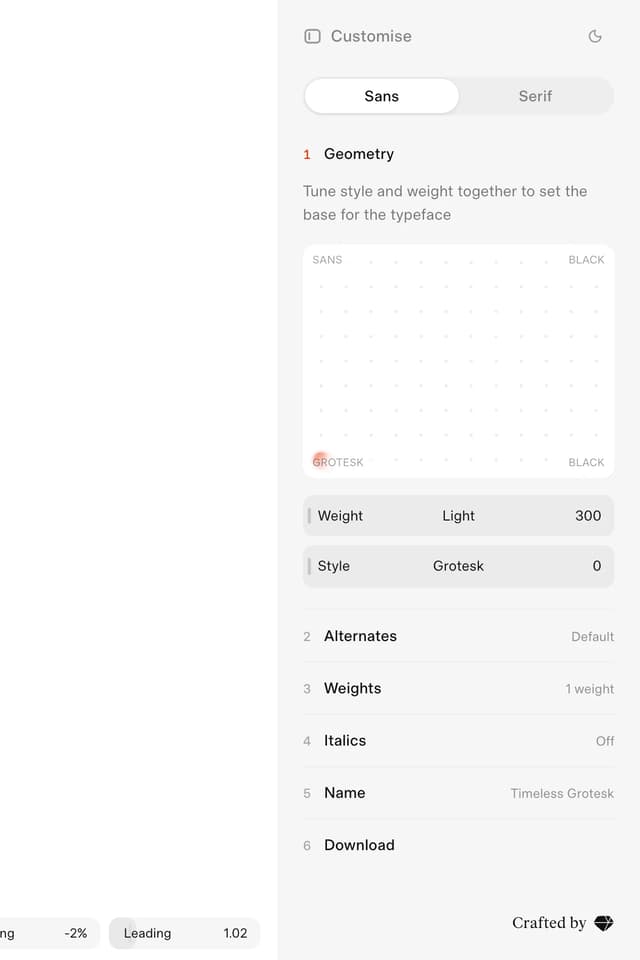 Geometry Matrix — Weight/Style Grid on timeless.co