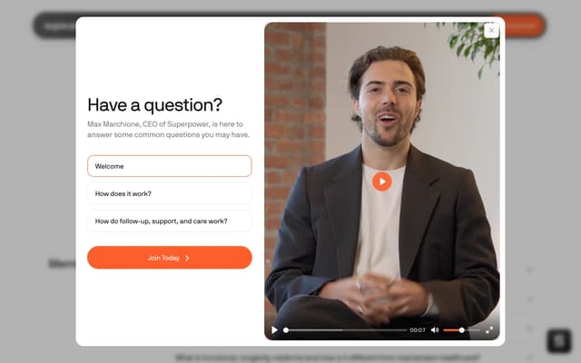 Split-screen FAQ with pill buttons and video on superpower.com