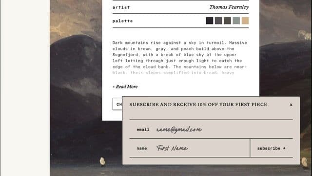 Split-screen product page with script-font newsletter form on objectandarchive.com