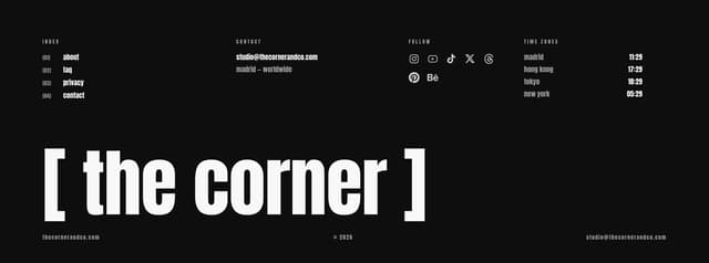 Brutalist Footer with Live Timezones on thecornerandco.com