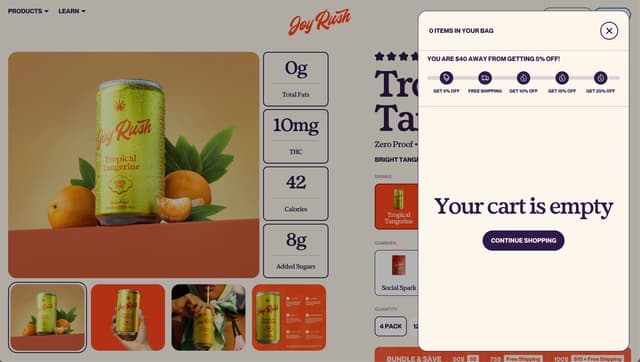Slide-out cart with gamified rewards progress bar on drinkjoyrush.com