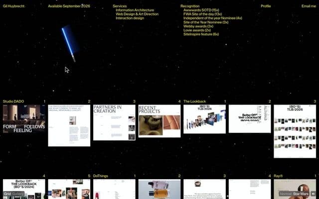 Lightsaber cursor that burns molten cuts through the page on gilhuybrecht.com