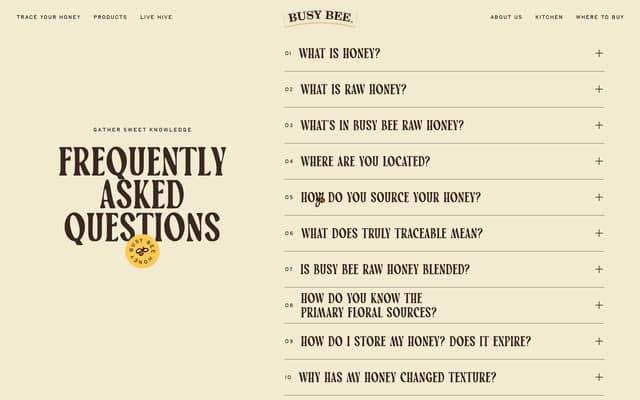 Editorial FAQ with Numbered Accordion on busybeehoney.com