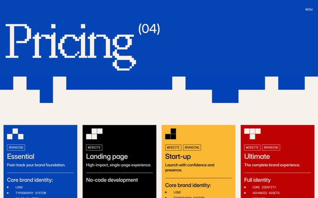 Tetris-grid zero-gutter pricing on huehaus.design