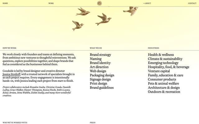 Three-Column Capabilities with Floating Bird Ornaments on goodside.studio