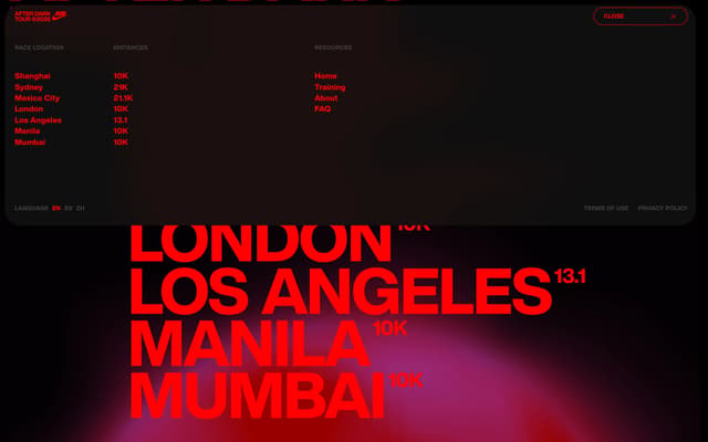 Red-on-Black Menu Overlay on afterdarktour.nike.com