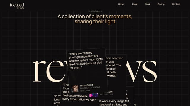 Testimonials with floating cards and oversized background typography on focused-template.webflow.io