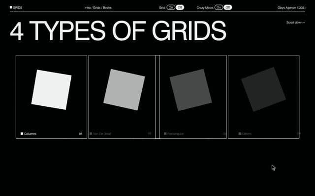 Chapter opener where four cards stack into one and its square swells into the next section on grids.obys.agency