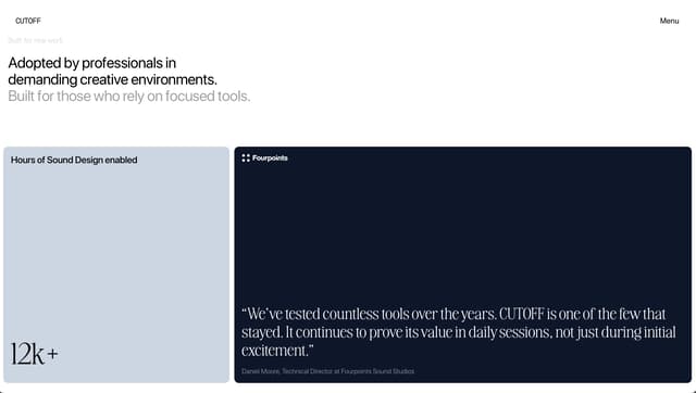 Asymmetric grid with integrated stats and testimonials on cutoffmusic.framer.website