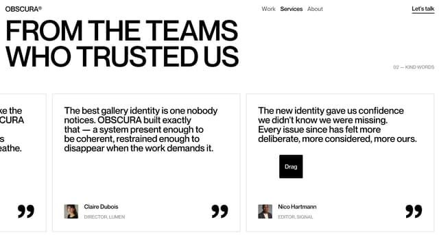 Horizontal testimonial carousel with oversized typography on obscurastudio.webflow.io