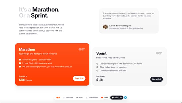 Dual-card pricing layout with floating navigation on outpacestudios.com