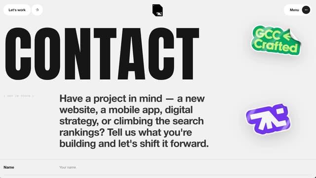 Typography-heavy contact hero with skeuomorphic stickers on altshift.agency