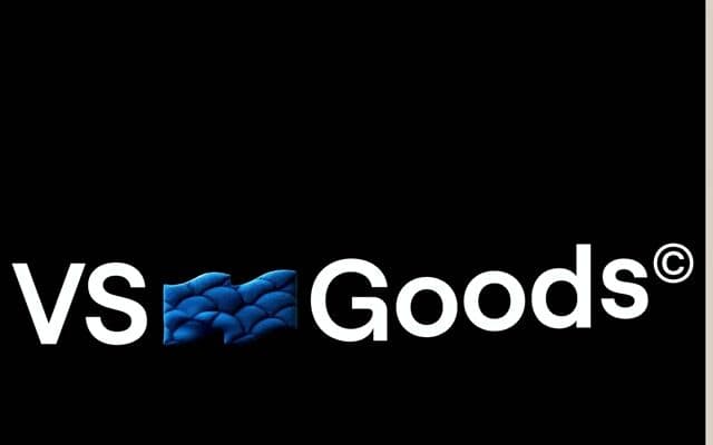 Wordmark intro with a shape-shifting material flag that docks into the nav on vs-goods.store