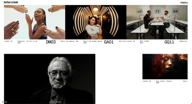 Asymmetrical gallery with monospaced metadata and project codes on bittercreek.studio