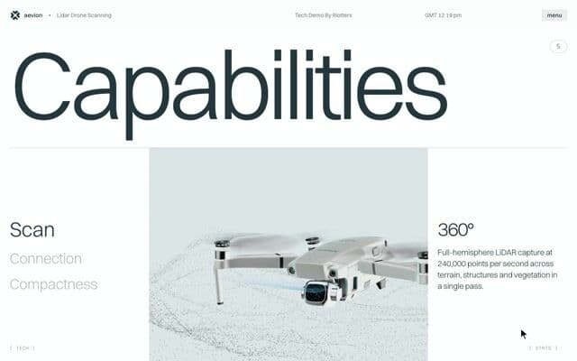 Pinned feature tabs where a 3D drone scans, flips top-down and folds on drone.riotters.com
