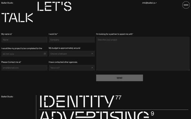 Contact page with stencil headline on baillatstudio.com