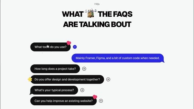 Chat-style accordion FAQ with staggered bubble animations on saberali.co