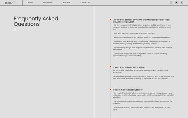 Numbered FAQ with vertical divider on wowfactories.com