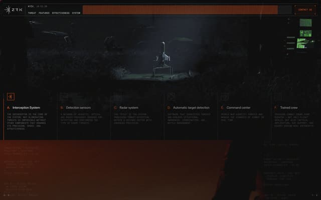 Six-column tactical features grid on zrk.technology