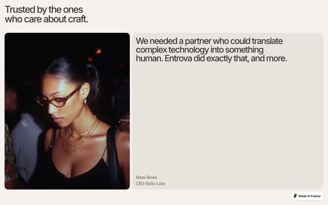 Editorial Testimonial Section on entrova.framer.website