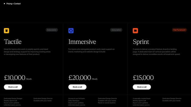 Three-column pricing grid with editorial serif typography on haptic.studio