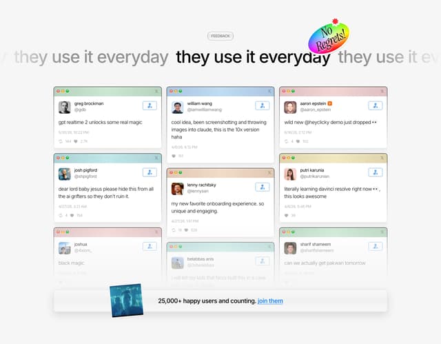 macOS window-style testimonial cards on heyclicky.com