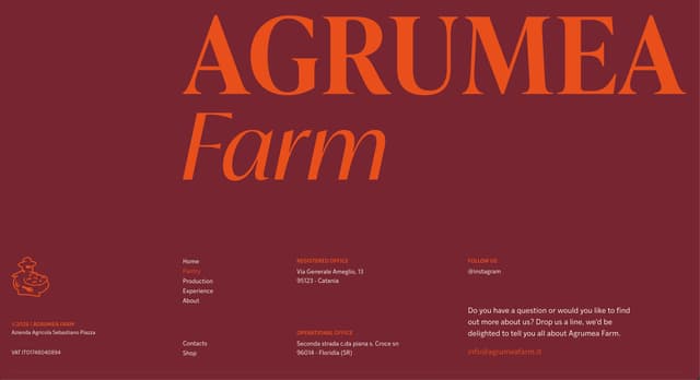 Oversized typography footer with high-contrast color palette on agrumeafarm.it