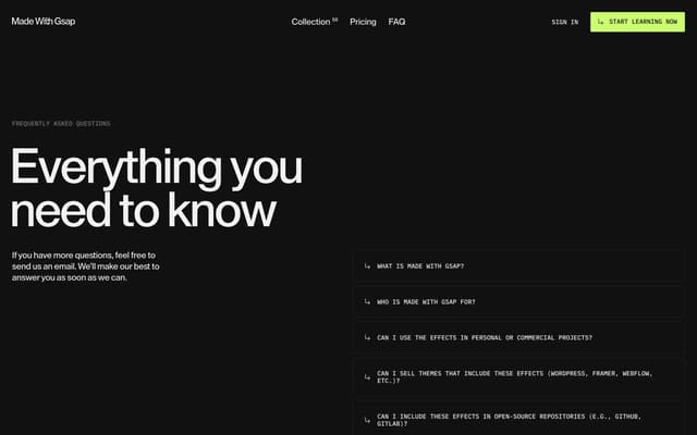 Monospace FAQ with Elbow-Arrow Prefix on madewithgsap.com