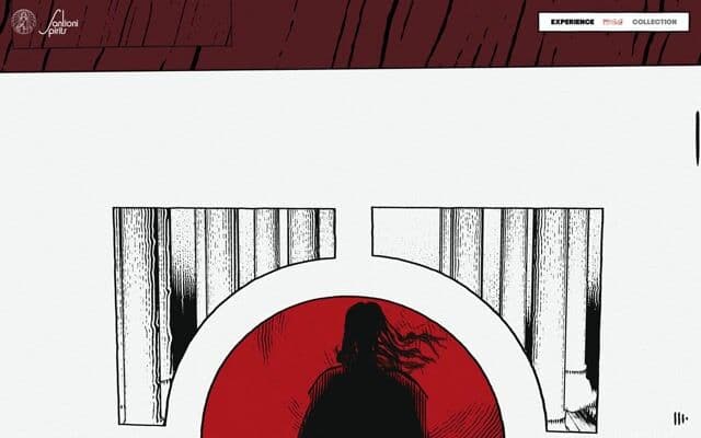 Scroll transition: engraved lines grow into black and reveal a red cathedral on santionispirits.com