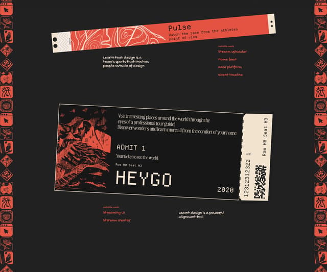 Ticket-stub project cards on jackiezhang.co.za