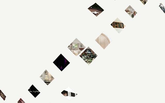 Photo grid that flies in as diagonal rows, forms a diamond and folds into a vertical slider on mathildedechiara.com