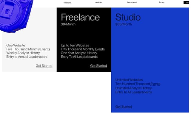 Staggered Brutalist Pricing Cards on measured.site