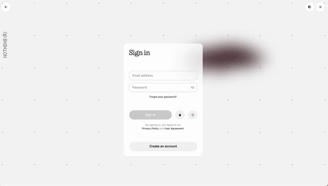Centered sign-in card with dot grid and grainy gradient on account.nothing.tech
