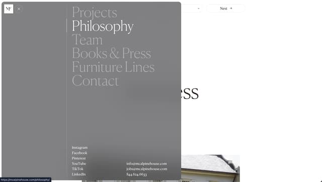 Full-screen navigation overlay with high-contrast serif typography on mcalpinehouse.com