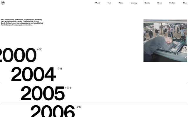 Typographic timeline with staggered years on paulkalkbrenner.net